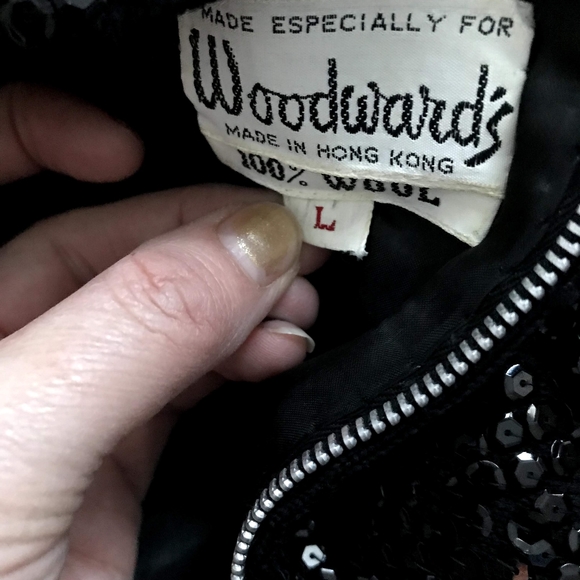 Vtg Woodward's 100% Wool Black Sequin Women Size L - Picture 5 of 5